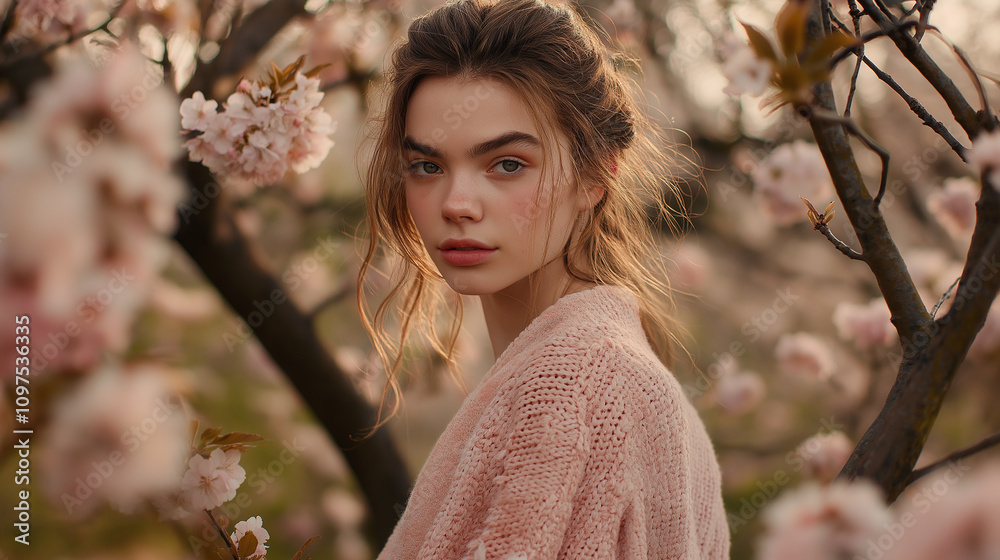 Japanese model in soft knit cardigan, surrounded by blooming cherry blossoms - Dreamy and romantic, soft pink tones Japanese model in soft knit cardigan, surrounded by blooming cherry blossoms - Dreamy and romantic, soft pink tones
