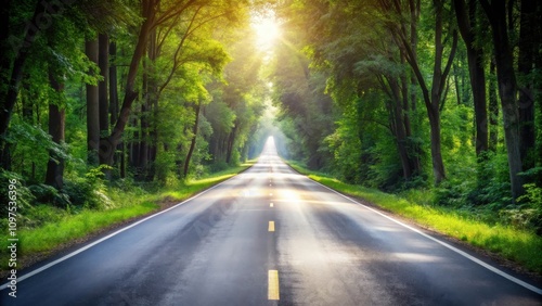 Sunlit Asphalted Road Through Lush Green Forest Canopy