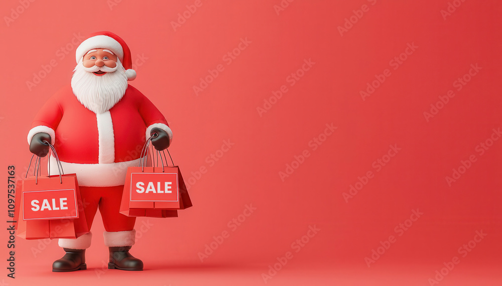Santa holding shopping bags, Christmas sale signs, 3D illustration Santa holding shopping bags, Christmas sale signs, 3D illustration
