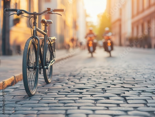 Quiet early morning street with delivery bikes and few pedestrians, calm before the city s hustle and bustle photo