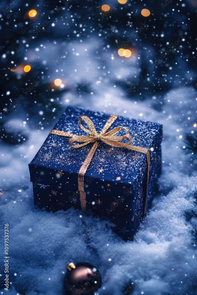 Blue Gift Box Snow Covered Ground Blue Gift Box Snow Covered Ground