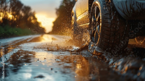 Car splashing water on country road during heavy rain at sunset