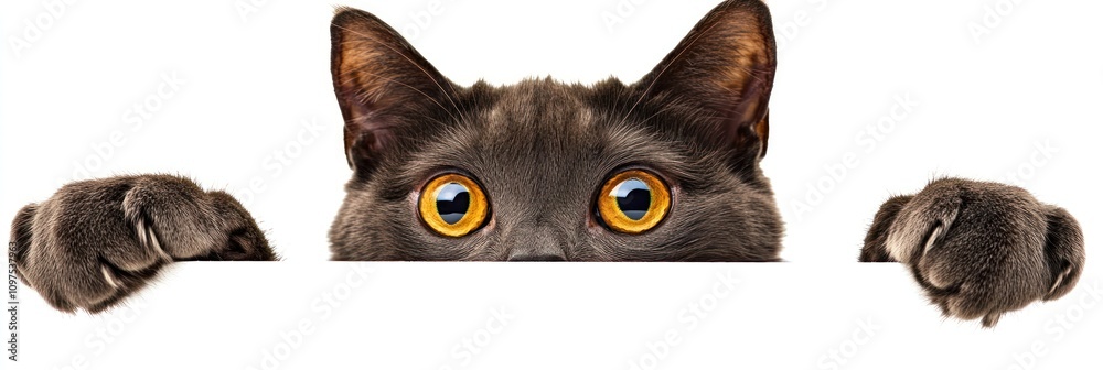 Fototapeta premium A curious gray cat peeking over a white surface, showcasing its big yellow eyes.