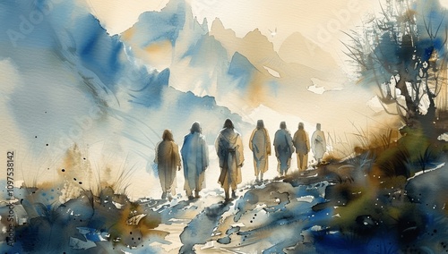 Jesus and His Disciples Walking in Misty Morning Wilderness