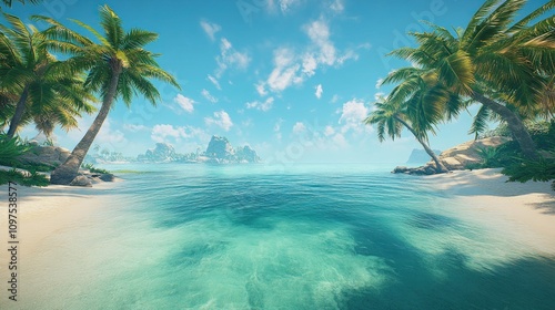 Serene Tropical Beach Paradise: Crystal Clear Waters and Lush Palm Trees