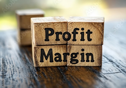 Closeup of profit margin wooden text blocks on standard table business concept indoor setting detailed viewpoint for financial analysis