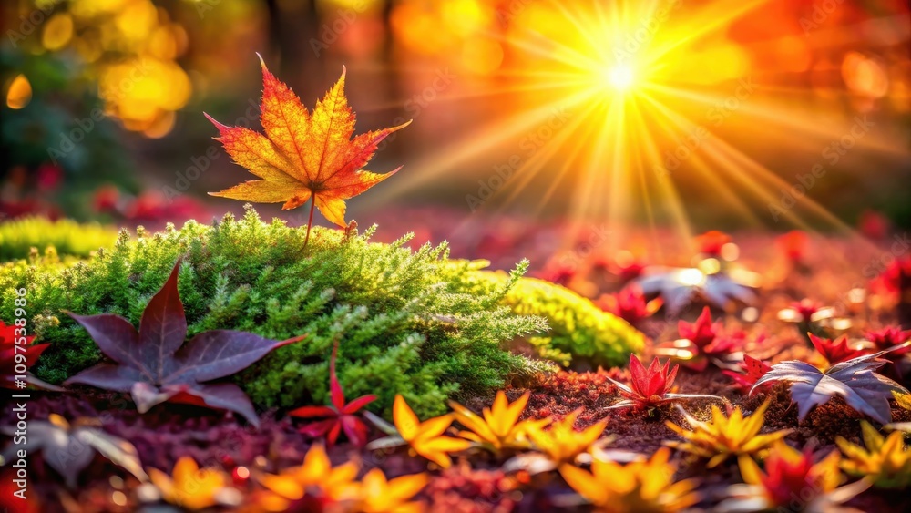 Autumnal foliage bathed in the golden sunlight, a vibrant display of nature's artistry in a mossy landscape Autumnal foliage bathed in the golden sunlight, a vibrant display of nature's artistry in a mossy landscape