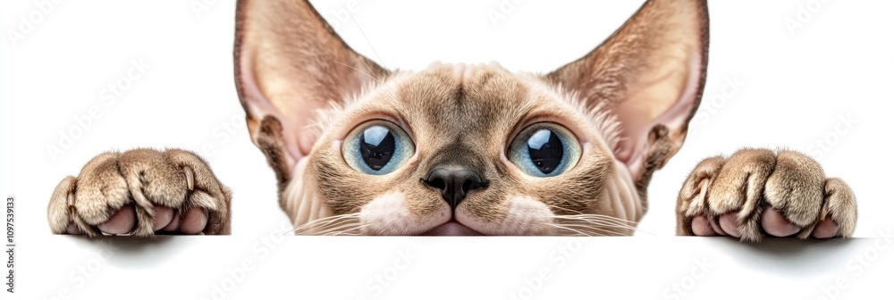 Fototapeta premium A cute cat peeking over a surface with large eyes and prominent ears.