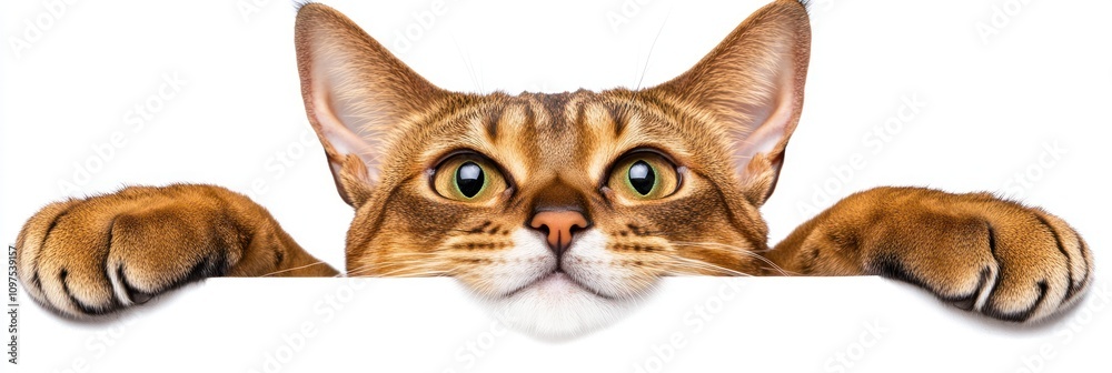 Fototapeta premium A close-up of a curious cat peeking over a surface, showcasing its playful expression.