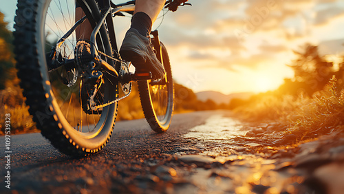 A young man rides a mountain bike on a road at sunset, a close-up photo of a person's feet, a quiet road, real, realistic.