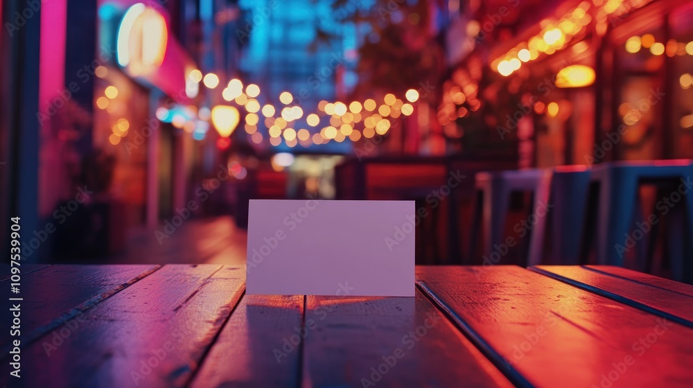 custom made wallpaper toronto digitalA blank card on a wooden table in a vibrant, illuminated outdoor setting.