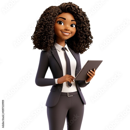 Smiling African American Female Event Planner in Professional Business Attire Holding Digital Tablet for Corporate Use