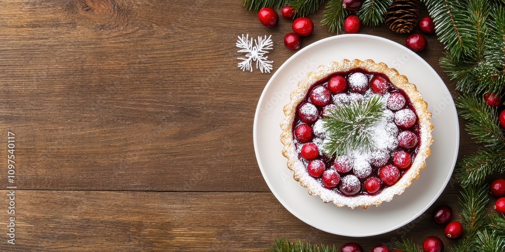 Vibrant cranberry tart dusted with powdered sugar, beautifully displayed on a rustic wooden table. Vibrant cranberry tart dusted with powdered sugar, beautifully displayed on a rustic wooden table.
