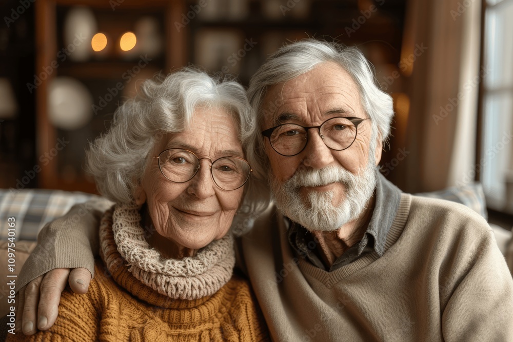 Happy senior couple relaxing on sofa in modern living room, embracing and looking away, enjoying peaceful moment together Happy senior couple relaxing on sofa in modern living room, embracing and looking away, enjoying peaceful moment together