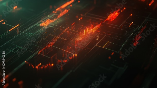 Abstract digital visualization with glowing lines and data patterns.