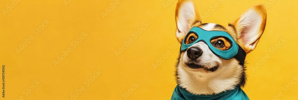 A playful dog in a superhero costume against a bright yellow background.