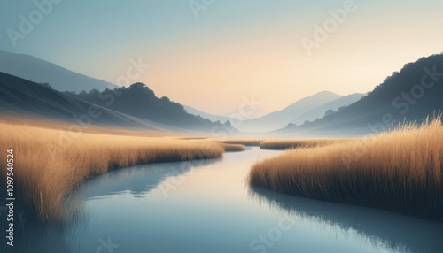 A serene landscape featuring a calm river winding through tall grasses, surrounded by gentle hills and a soft morning light.