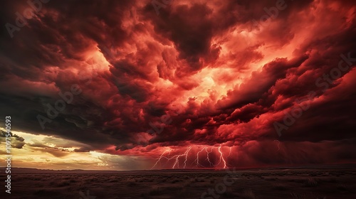 Dark red thunderstorm clouds with frequent lightning over a barren landscape, vivid contrasts,