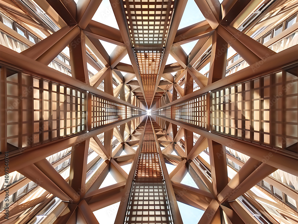 Obraz premium Stunning Geometric Architecture View from Below, Showcasing Intricate Patterns and Light Play in a Modern Building Design, Perfect for Architectural and Design Projects