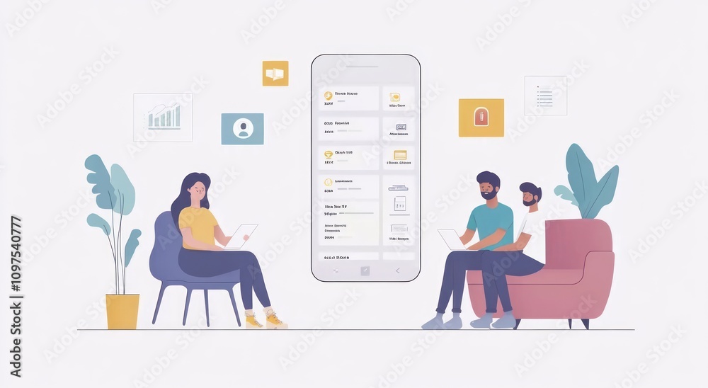 Illustration of a digital interface with people interacting with a smartphone and data visuals. Illustration of a digital interface with people interacting with a smartphone and data visuals.
