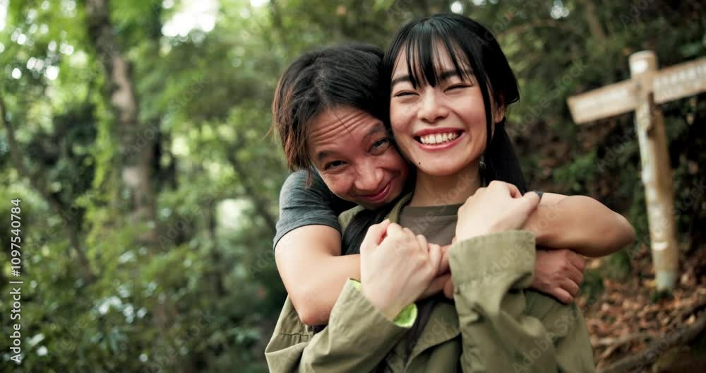 Bonding, hug and couple in forest, travel and happy in nature, tourism and trip for anniversary. Affection, love and Japanese people on date in woods, hiking and smile on vacation, embrace and Japan Bonding, hug and couple in forest, travel and happy in nature, tourism and trip for anniversary. Affection, love and Japanese people on date in woods, hiking and smile on vacation, embrace and Japan