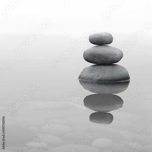 Tranquil Stacked Stones on Calm Water Surface Reflecting Serenity and Balance in a Minimalist Monochrome Landscape