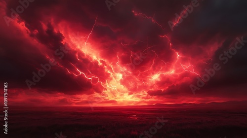 Intense red thunderstorm clouds glowing with electric veins above an open plain, surreal chaos,