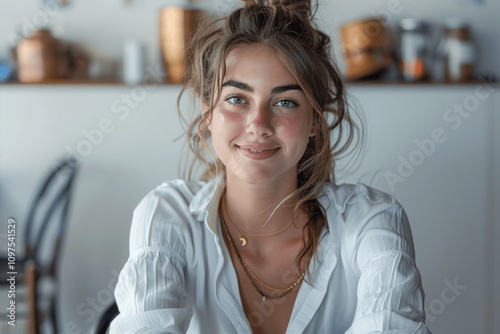 Smiling woman sitting at desk in white shirt looking at camera, successful millennial office employee or student, professional candid portrait with natural light and minimalist background