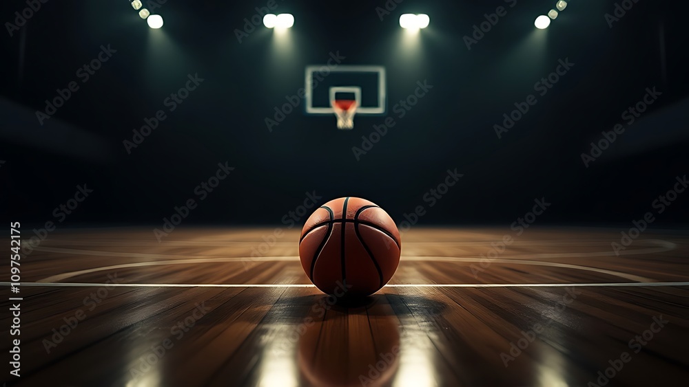 Basketball on a Dark Court Under Spotlight Basketball on a Dark Court Under Spotlight