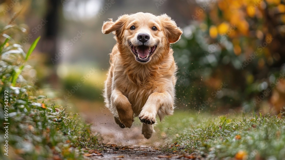 Golden Retriever Joyful Run in Autumn Golden Retriever Joyful Run in Autumn