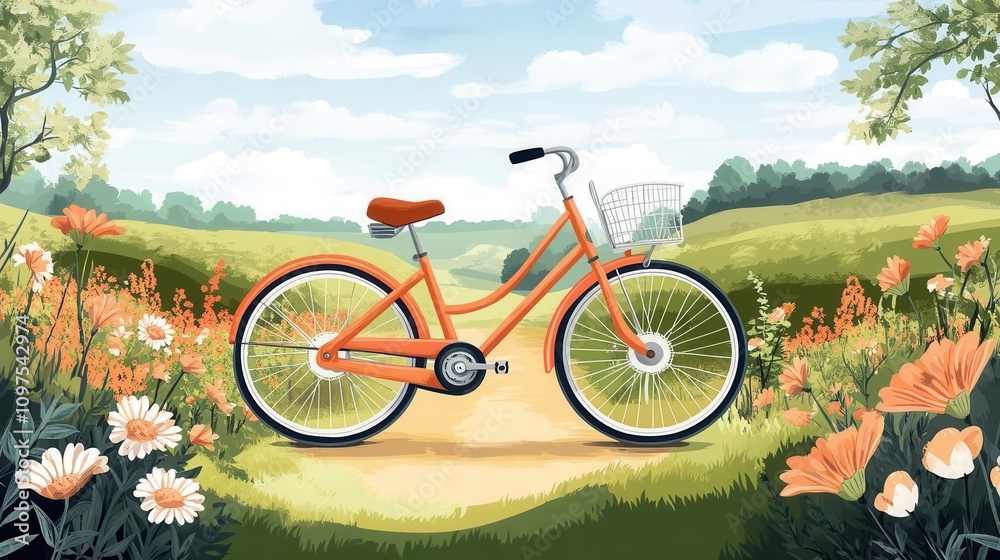 Obraz premium Illustrate a classic bicycle riding down a countryside path, flat design, side view, nature theme, cartoon drawing, Triadic Color Scheme