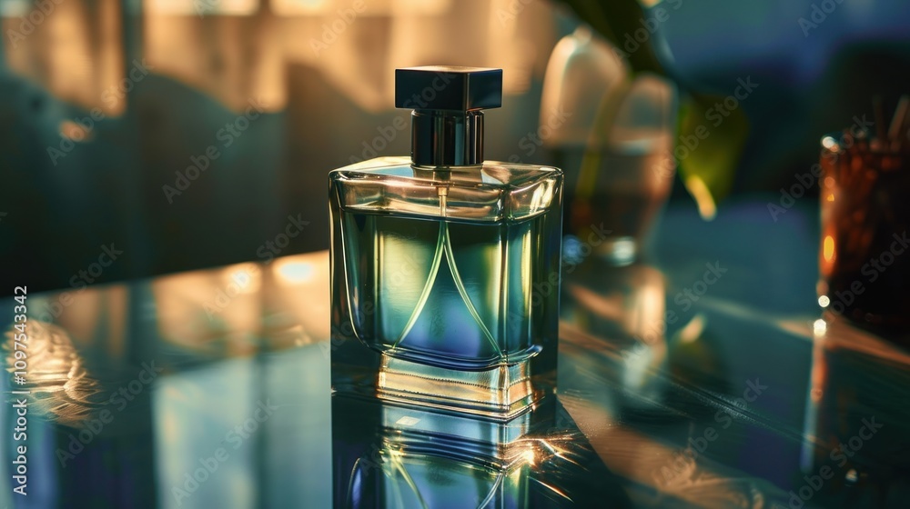 Perfume bottle on glass table. Glass surface reflects light and shadow. Perfume bottle on glass table. Glass surface reflects light and shadow.