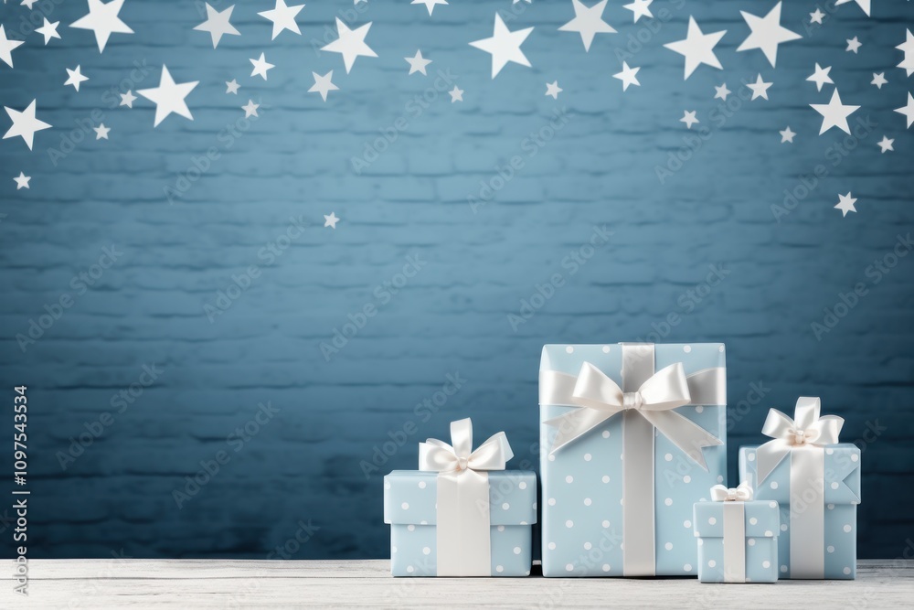 Wrapped Christmas and New Year gifts with decor and copy space. Xmas background
