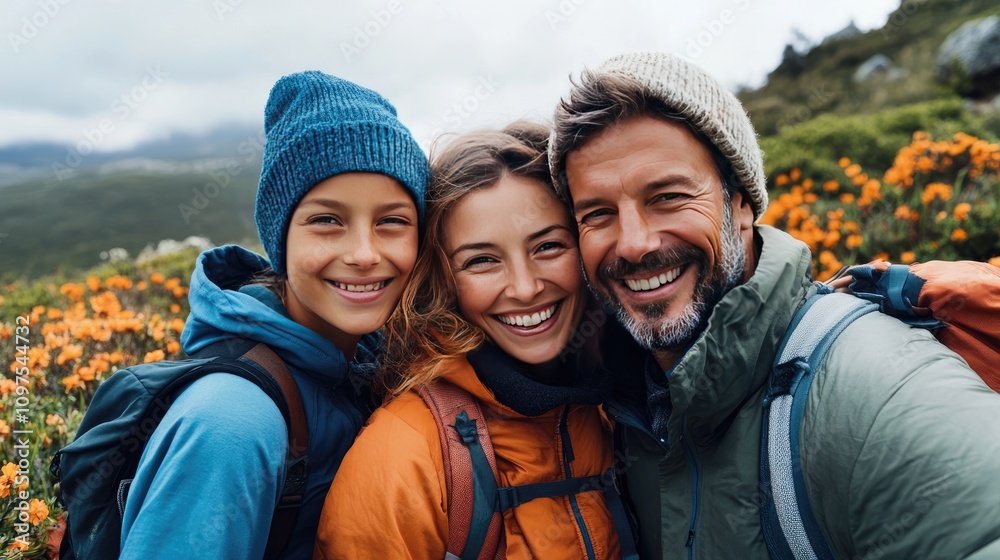 Happy Family Hiking in Beautiful Nature Setting Happy Family Hiking in Beautiful Nature Setting