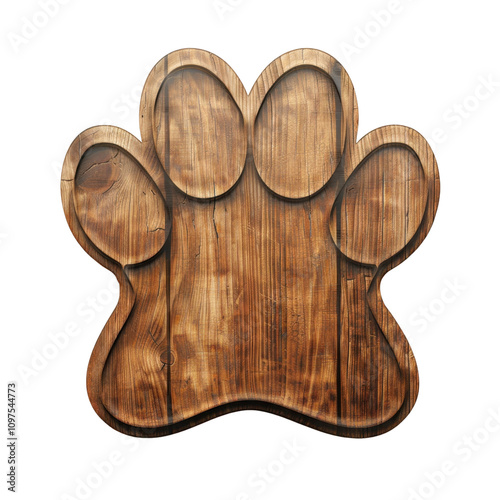 Textured Wooden Paw Print on a White Background for Creative Use photo