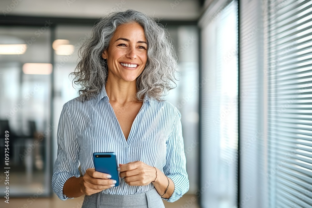 Middle aged business woman smiling holding smartphone in office professional mature lady entrepreneur using mobile phone Middle aged business woman smiling holding smartphone in office professional mature lady entrepreneur using mobile phone