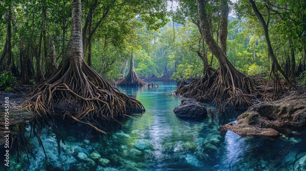 Fototapeta premium Lush Mangrove Forest with Clear Water Reflection