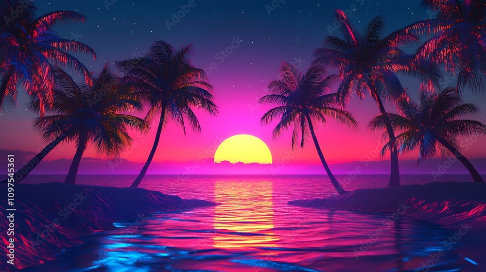 Shadowy coconut palms line the shore at dusk in this abstract futuristic sunset illuminated by neon rays. Shadowy coconut palms line the shore at dusk in this abstract futuristic sunset illuminated by neon rays.