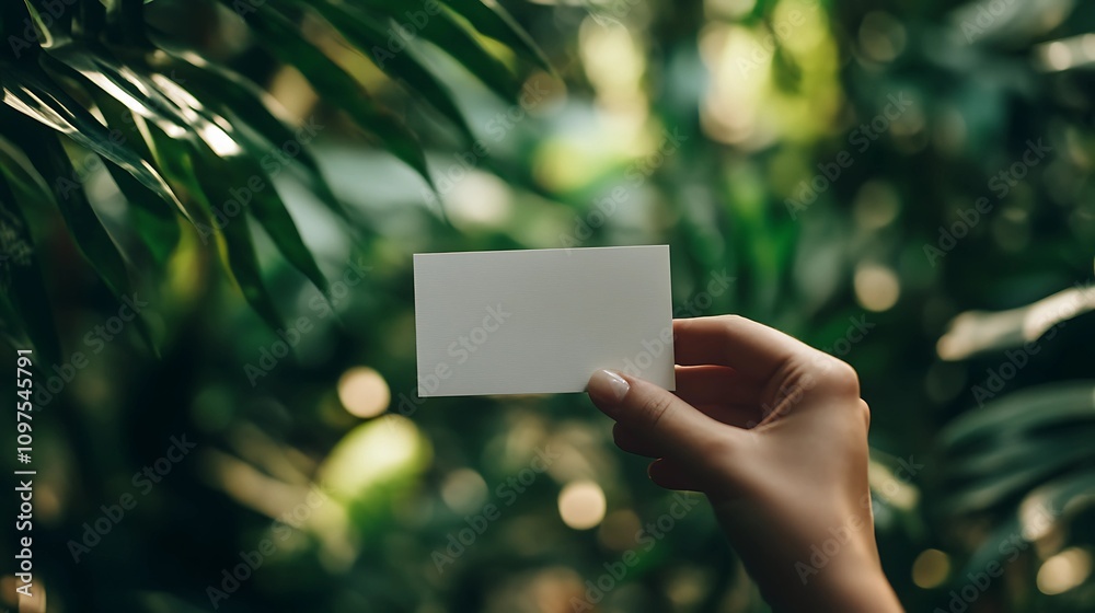 A hand holding a business card mockup in an outdoor setting with blurred greenery in the background A hand holding a business card mockup in an outdoor setting with blurred greenery in the background