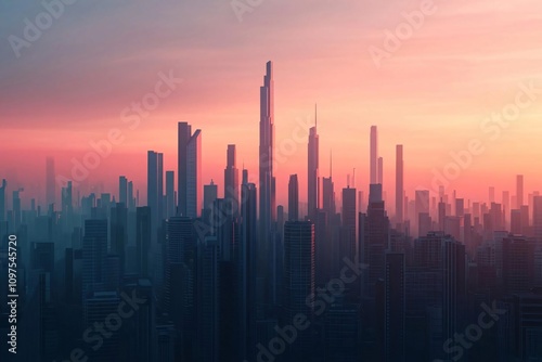 Stunning skyline at sunset with towering skyscrapers reflecting beautiful colors in the sky.