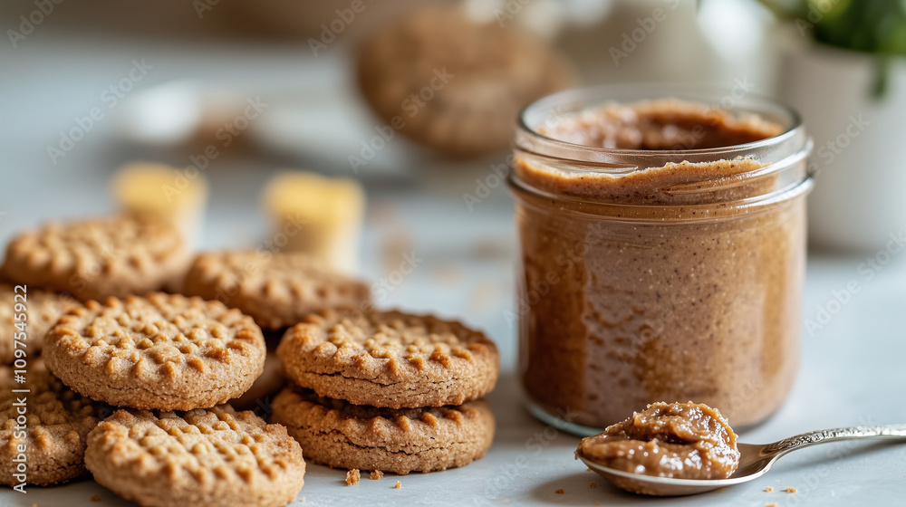 Speculoos cookies with a jar of creamy cookie butter Speculoos cookies with a jar of creamy cookie butter