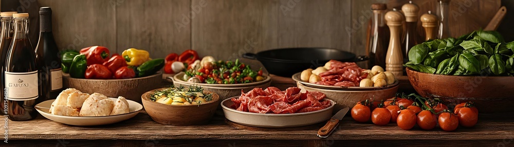 A beautifully arranged table featuring fresh vegetables, meats, and bread, perfect for a culinary feast. A beautifully arranged table featuring fresh vegetables, meats, and bread, perfect for a culinary feast.