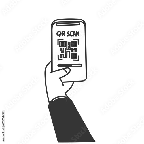 hand holding qr code smartphone in doodle drawing