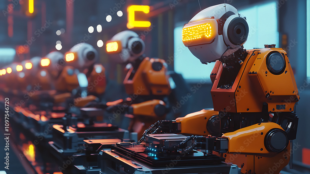 A factory assembly line powered by robotic arms and AI algorithms A factory assembly line powered by robotic arms and AI algorithms