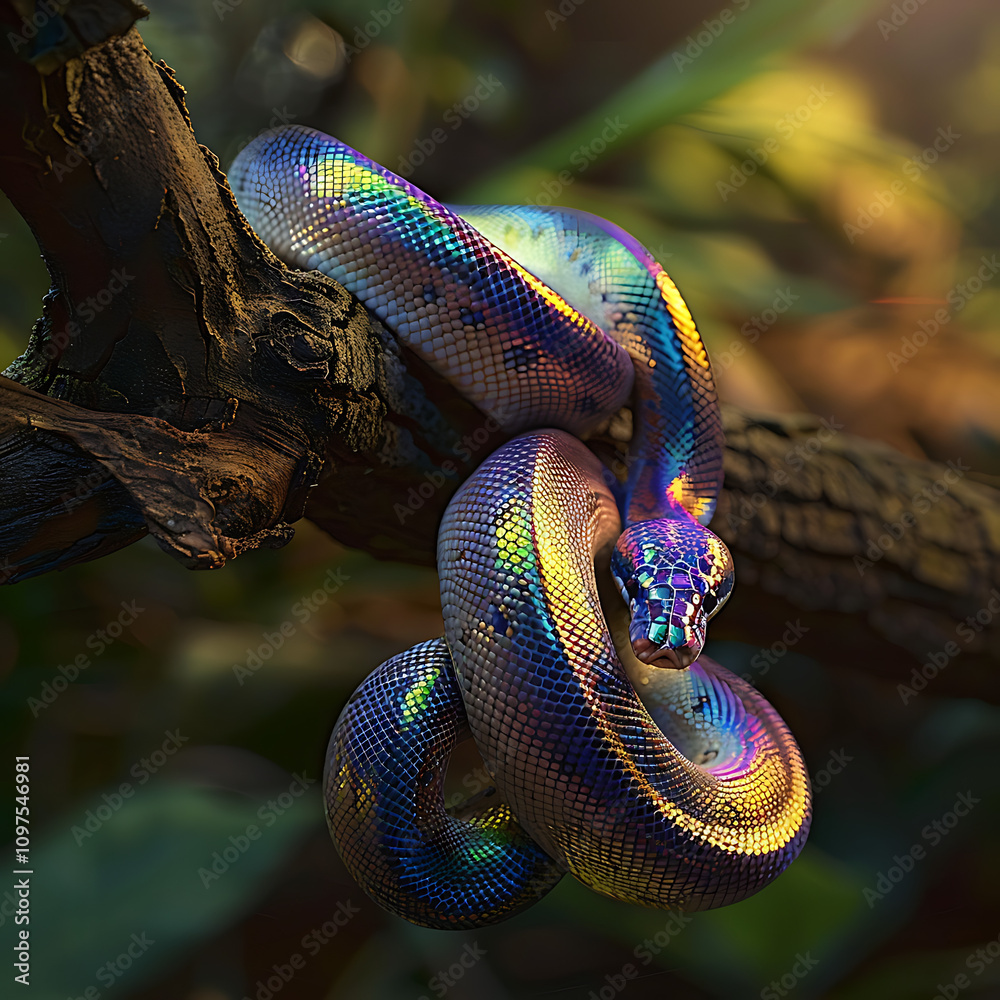 Obraz premium Stunning Close-Up of a Colorful Snake Coiled on a Branch Featuring Iridescent Scales Glimmering in Natural Light Against a Lush Green Background