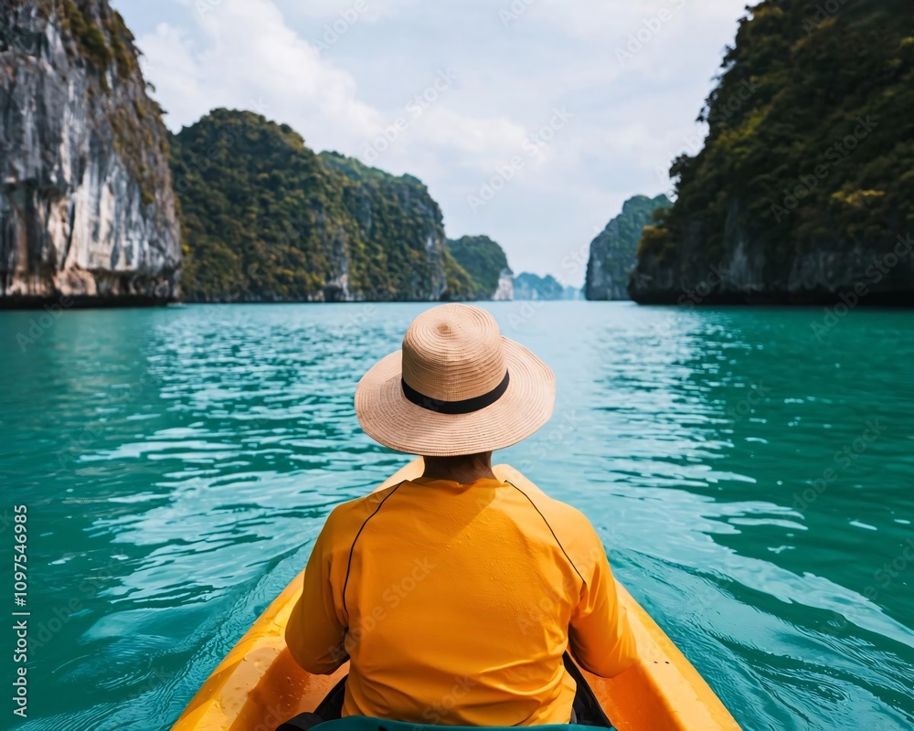 A serene view of a person kayaking through tranquil turquoise waters surrounded by lush green cliffs. A serene view of a person kayaking through tranquil turquoise waters surrounded by lush green cliffs.