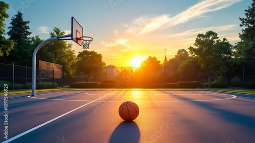 Empty outdoor basketball court with hoop and net, freshly painted lines, and a lone basketball resting on the ground in warm afternoon sunlight. photo