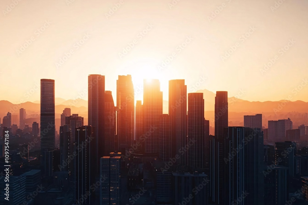 Fototapeta premium A stunning skyline at sunset showcasing modern skyscrapers silhouetted against a vibrant orange sky.