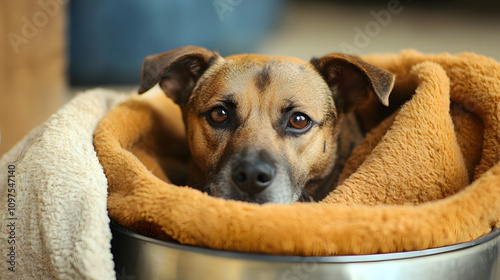  Brown dog snuggled in a soft, cozy blanket, gazing with expressive eyes, symbolizing warmth, comfort, and companionship. Ideal for pet lovers and cozy themes photo