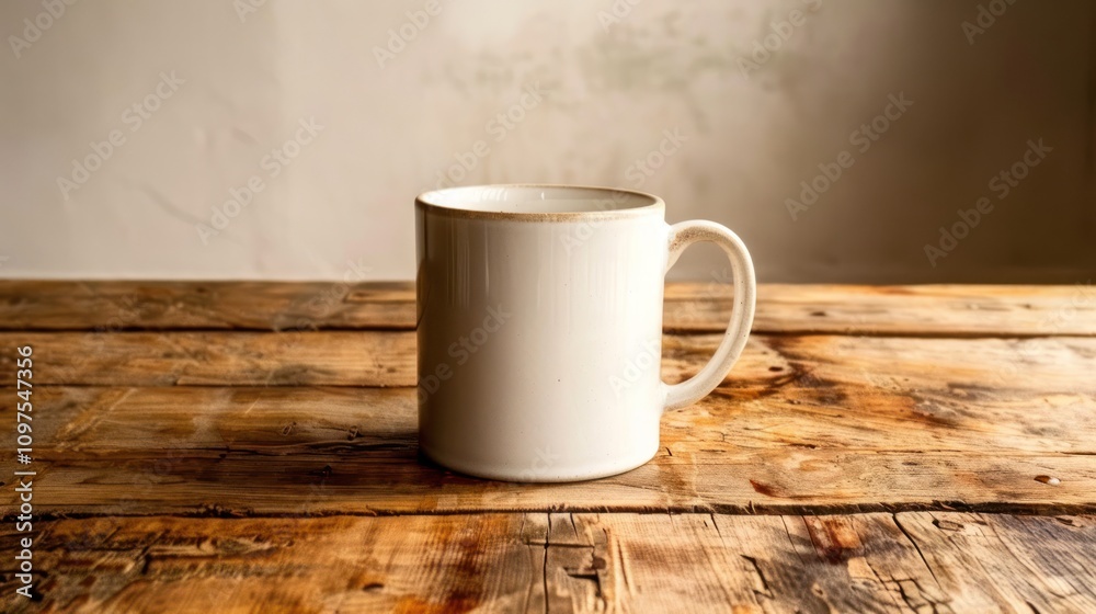White ceramic mug on a plain wooden table, clean white background White ceramic mug on a plain wooden table, clean white background